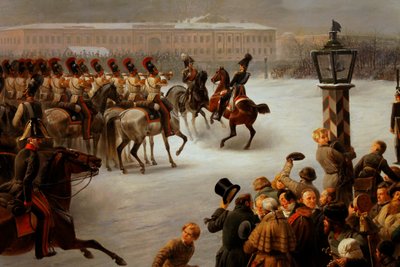 Ataque del cuadro de los decembristas por el regimiento de guardias a caballo el 14 de diciembre de 1825 de Georg Wilhelm Timm